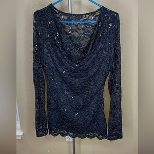 Navy, sequined, lace Boston Proper shirt.